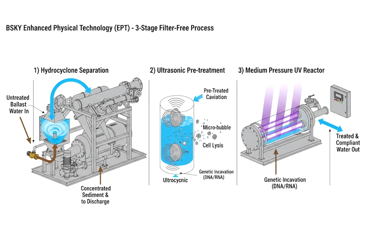 EPT 3-stage filter-free process diagram (Hydrocyclone, Ultrasound, MP-UV)