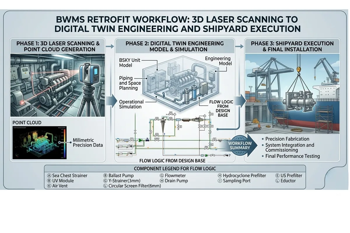 BWMS retrofit workflow: 3D laser scanning to digital twin engineering and shipyard execution